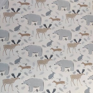 May include: A white background with a repeating pattern of brown and gray moose, bears, rabbits, and foxes. The animals are stylized and have a simple, whimsical design.