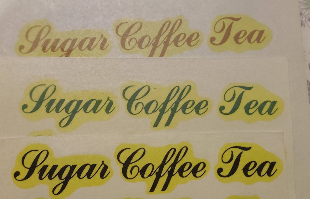 Script Tea Caddy Sugar Coffee Tea - Ceramic or Glass Waterslide Decal. Green Black or ...