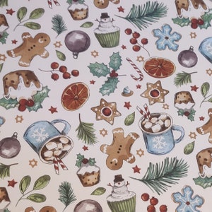 Décalcomanies pour toboggan en céramique ou en verre à utiliser au four - Joli motif de dessin animé de Noël. Chocolat chaud, guimauve, pain d'épice, canne en bonbon
