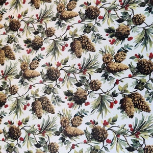 May include: A seamless pattern featuring watercolour illustrations of pine cones, branches, and red berries on a white background.