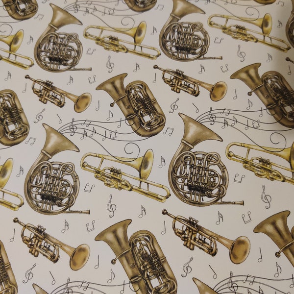Ceramic or Glass Waterslide Decal - Brass Instruments. French Horn, Trombone, Bugle, Tuba, Trumpet, Notes, Music, Jazz, Orchestra, Euphonium
