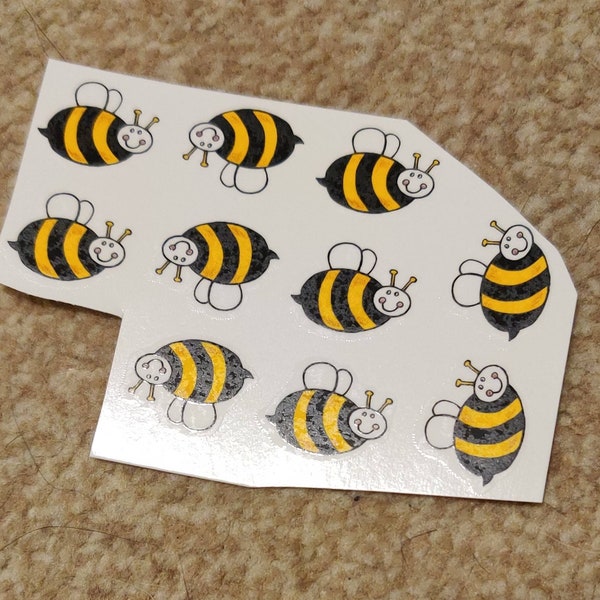 Ceramic or Glass Waterslide Decal - Tiny Bees Bumble Happy Cartoon Honey Stripe Yellow Black Sting Buzz Busy Hive Cute Nature Set of Ten