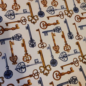 May include: A seamless pattern featuring a variety of ornate keys in shades of gold and blue. The keys are arranged in a repeating pattern on a white background.