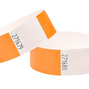 Event Wristbands for Festivals Garden Parties For Security Sequential Numbered Tyvek 3/4 inch 19mm with Self Adhesive Peel and Seal ww strip Orange