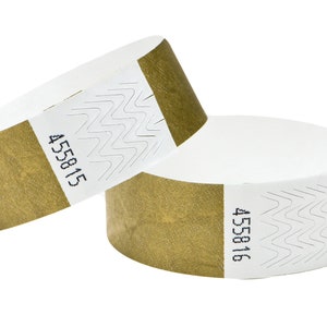 Event Wristbands for Festivals Garden Parties For Security Sequential Numbered Tyvek 3/4 inch 19mm with Self Adhesive Peel and Seal ww strip Gold