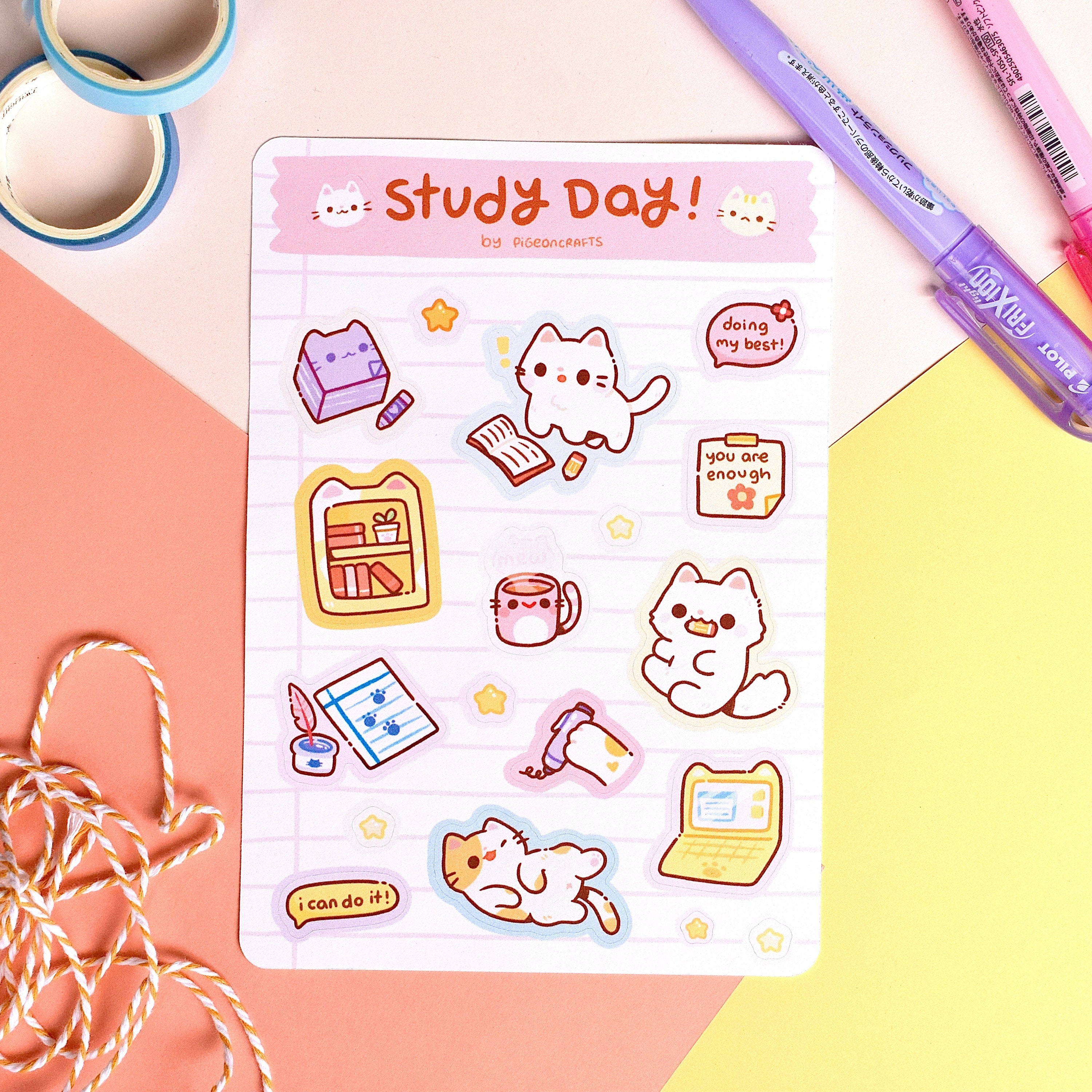 Cat Study Stationary Sticker Sheet Cute Animal Stickers Etsy