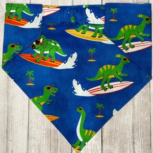 Dog Bandana, Surfing Dinos, Elastic Pet Bandana, Scrunchie Dog Bandana, Personalized Dog Bandana