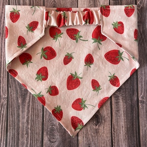 Peut inclure: Bandana rose clair pour animaux de compagnie, ornée d'un motif répété de fraises rouges et de feuilles vertes. Forme triangulaire avec élastique froncé. Tissu en coton doux.