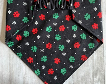 Dog Bandana, Holiday Paw Prints, Elastic Pet Bandana, Scrunchie Dog Bandana, Personalized Dog Bandana, Christmas, Pet Clothing
