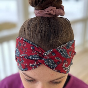 Twist Headband, Royal Red Paisley, Headbands for Women, Wide Headband, Black Headband, Yoga Headband, Boho Headband, Headbands for Nurses