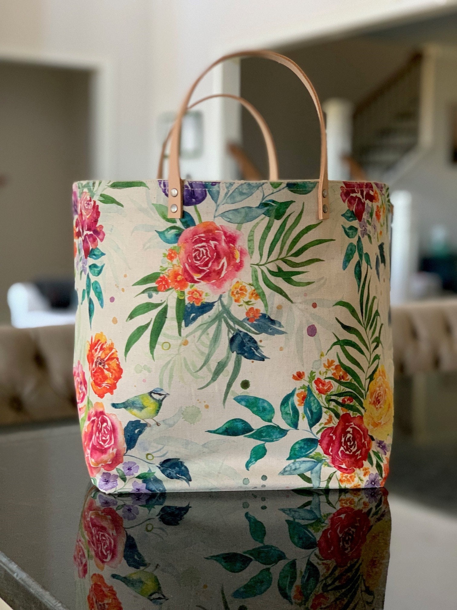 Hand Painted Floral Pattern in Teal & Navy Blue Tote Bag by