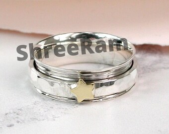 everyday rock charm Handmade sterling silver double ring with star celestial jewelry textured black perfect gift idea brutalist design
