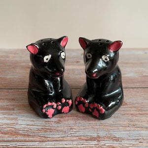 Vintage Pair Redware Ceramic Black Bear Cubs Salt & Pepper Shakers