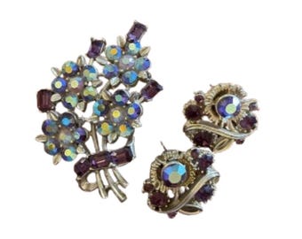 Vintage Lisner Brosch Lila Strass Blombukett & Örhängen
