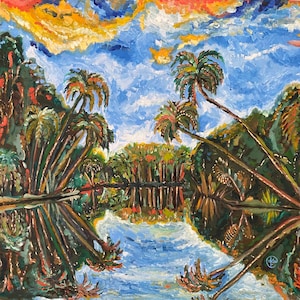 May include: A painting depicting a tropical scene with palm trees reflected in a still body of water. The sky is a vibrant blue with yellow and orange clouds. The trees are green and brown with a variety of shades of green.