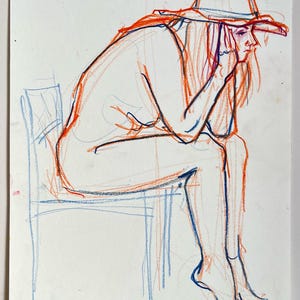 May include: A sketch of a person seated on a chair, rendered in orange and blue pencil. The person wears a hat and is resting their head on their hand. The artwork is signed "Jogile" and includes the text "Kena Art Camp".