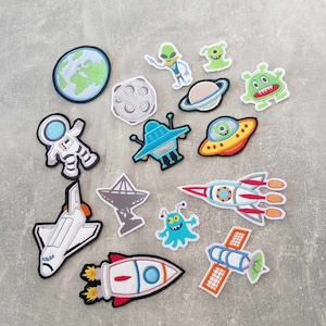 Weltraum, Weltall, Bügelbilder, UFO, gestickt Handmade