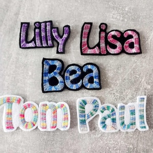 Könnte beinhalten: Fünf gestickte Bügelbilder mit den Namen: Lilly, Lisa, Bea, Tom und Paul. Die Patches sind bunt und haben verschiedene Designs.