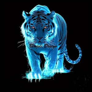 May include: A digital illustration of a blue tiger with glowing accents and red eyes, set against a black background. The tiger is walking forward, with the text "Benjoli Design" across its chest.