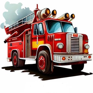 Könnte beinhalten: Ein rotes Feuerwehrauto mit einer Leiter auf dem Dach und einem Schlauch an der Seite. Das Auto hat einen schwarzen Kühlergrill und Scheinwerfer. Aus dem Heck des Autos kommt Rauch.