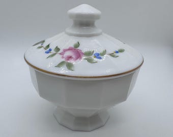 Vintage Westmoreland Milk Glass Covered Candy Dish with Hand Painted Roses