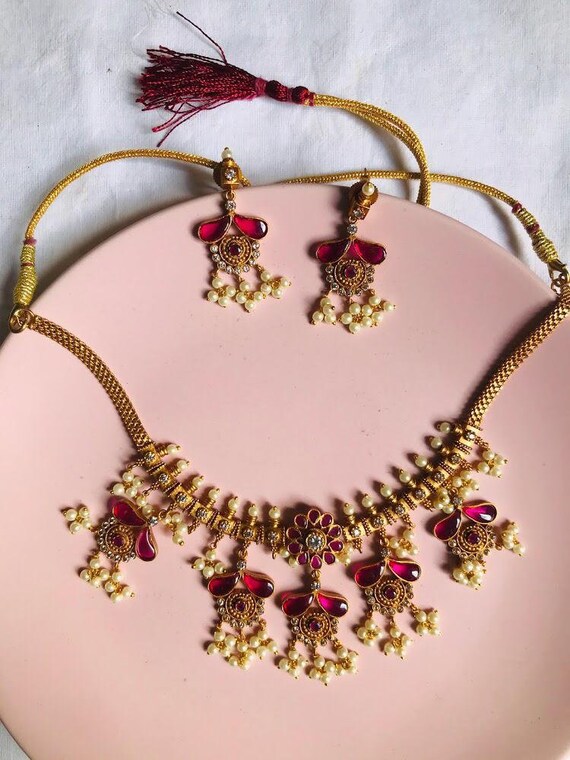 wedding jewelry Kemp stone and pearl necklace set jewelry for brides golden temple jewelry necklace set