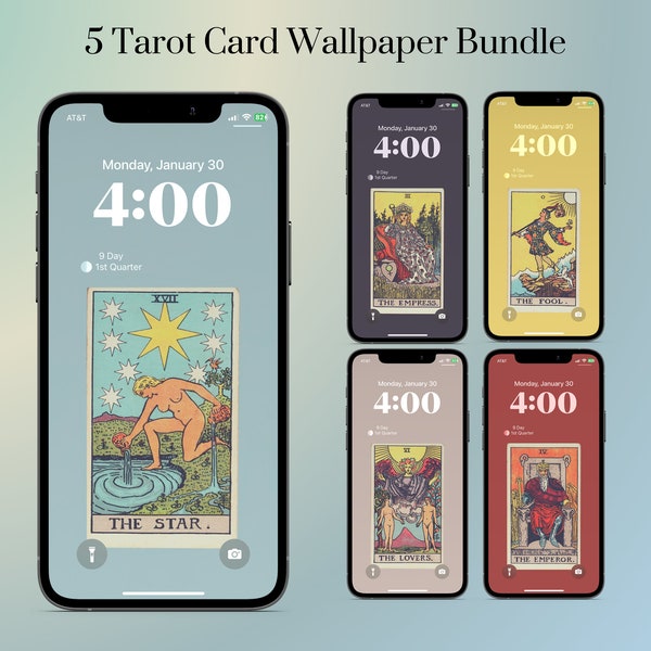 Tarot Card Phone Wallpaper. The Fool, The Empress, The Emperor, The Lovers, The Star Phone Wallpaper. iPhone Background. PNG, JPG.