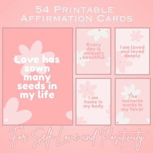 54 positive Affirmationskarten Digitaler Download, rosa Blumenselbstliebe Mantra Karte druckbar, Manifestation druckbare PDF. A4, US Letter.