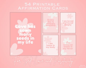 54 Positive Affirmation Cards Digital Download, Pink Floral Self-Love Mantra Card Printable, Manifestation Printable PDF. A4, US Letter.