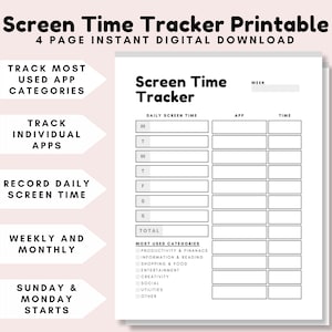 Puede incluir: Un rastreador de tiempo de pantalla imprimible con un diseño en blanco y negro. El rastreador incluye secciones para rastrear el tiempo de pantalla diario, las categorías de aplicaciones más utilizadas y los totales semanales y mensuales. El rastreador también incluye una sección para rastrear aplicaciones individuales y una sección para registrar el tiempo de pantalla diario. El rastreador está diseñado para ayudar a los usuarios a rastrear su tiempo de pantalla e identificar áreas donde pueden reducir su tiempo de pantalla.