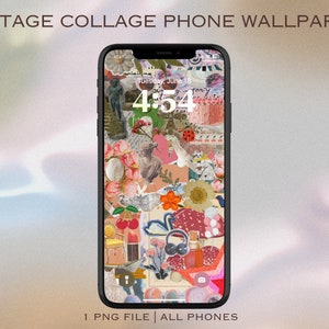 Vintage collage-telefonbakgrundsbild, iPhone-låsskärm digital nedladdning.