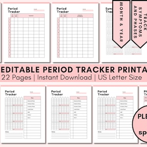 May include: Printable period tracker with 22 pages, including a monthly calendar, symptom tracker, and moon cycle tracker. The pages are designed with a pink and black color scheme and have a simple, modern aesthetic.