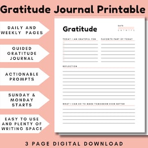 Diário de Gratidão para Imprimir. Rastreador Digital Semanal de Gratidão. PDF de Bem-estar em Tamanho Carta dos EUA. Planejador de Positividade Rosa. Pacote de 3 Páginas.