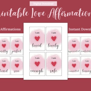 Druckbare Liebe Affirmation Karten. 12 kraftvolle rosa und rote Karten für Singles, Romantik und Beziehungen. Nur US Letter.