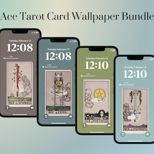 Fond d'écran de téléphone de cartes de tarot. As de baguettes, As de coupes, As de pièces de monnaie, As d'épée. Téléchargement numérique PNG avec écran verrouillé pour iPhone et Android.