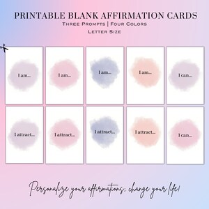 Leere druckbare Affirmations Karten. 12 Karten, Pastelllavendel, Rosa, Blau, und Pfirsich Aquarell. Schreiben Sie Ihre eigenen Affirmationen. Nur US Letter.