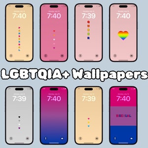 May include: Eight different phone wallpapers with LGBTQIA+ themes. The wallpapers feature a variety of colours and designs, including rainbows, hearts, and the words "QUEER" and "BISEXUAL".