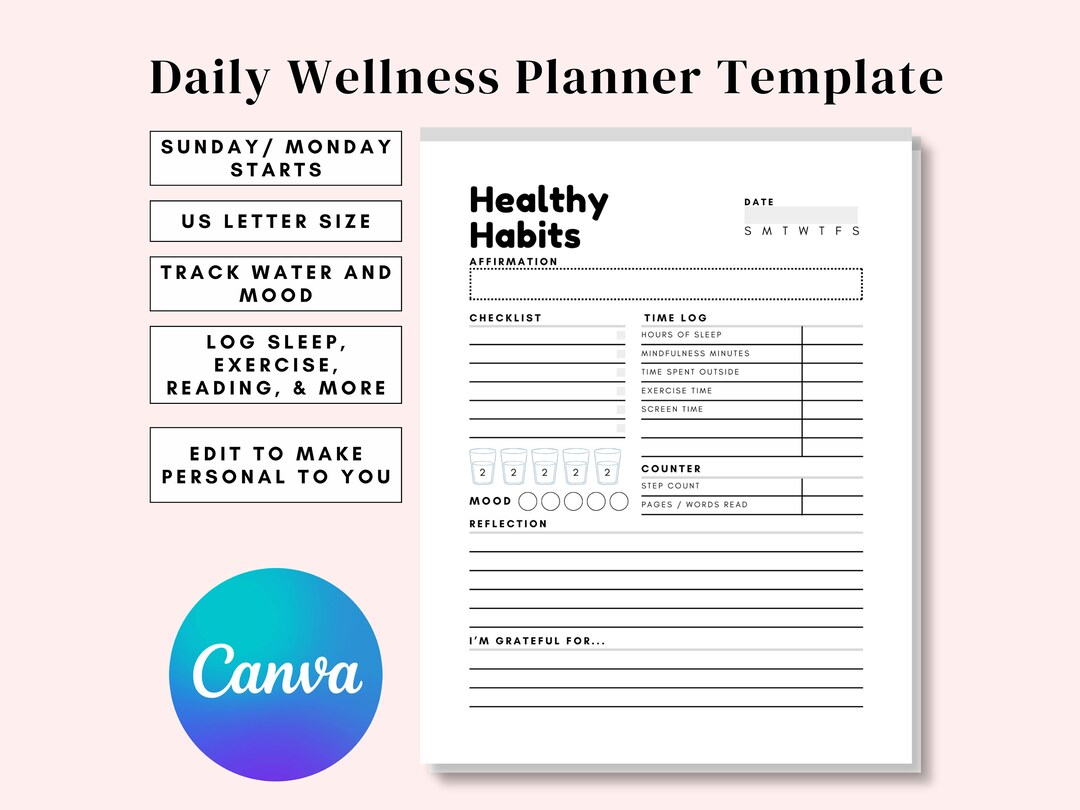 Editable Wellness Journal Template. Canva Self Care Planner Page ...