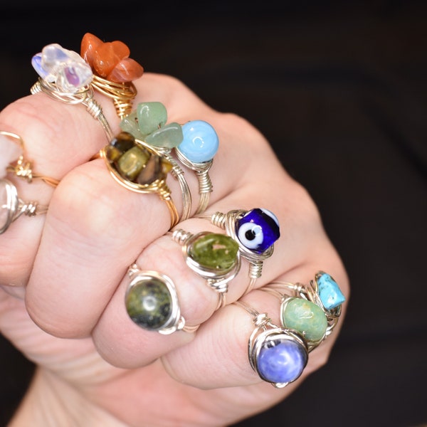 Raw Gemstone Ring, Natural Healing Crystal Rings, Wire Wrapped Hippie Rings, Real Crystals Rings