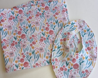Floral Baby Bib and Burp Cloth Set (Baby Gift)