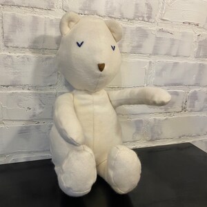 May include: A white plush teddy bear with blue embroidered eyes and a brown nose. The bear is sitting with its arms outstretched.