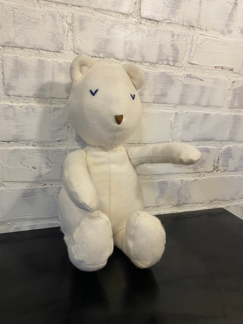 May include: A white plush teddy bear with blue embroidered eyes and a brown nose. The bear is sitting with its arms outstretched.