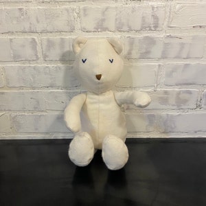 May include: A white plush teddy bear with blue eyes and a brown nose. The bear is sitting on a black surface.