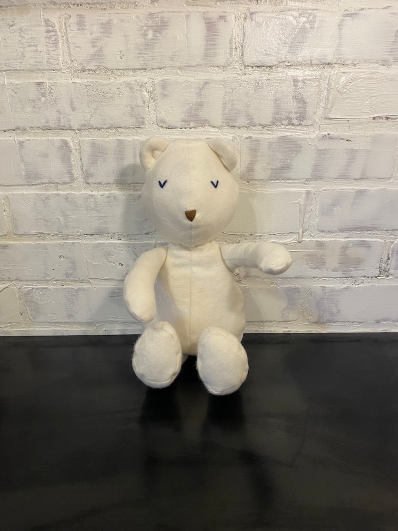 May include: A white plush teddy bear with blue eyes and a brown nose. The bear is sitting on a black surface.