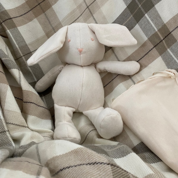 Handmade Organic Cotton Bunny Doll, Stuffed Animal, Soft Organic Cotton Flannel Rabbit, Baby Gift, Eyes Closed Bunny, Gift for Girl or Boy