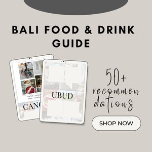 Può includere: Una guida digitale per il cibo e le bevande a Bali con oltre 50 consigli. La guida è visualizzata su due schermate di tablet con immagini di cibo e bevande. Il testo "UBUD" è visibile su uno degli schermi.