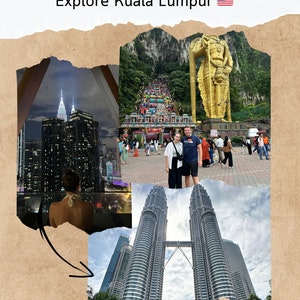 以下が含まれることがあります： マレーシアのクアラルンプールへの旅行ガイド。ペトロナスツインタワー、バトゥ洞窟、金色の像の写真が掲載されています。ガイドには、「Travel Guide」と「Explore Kuala Lumpur」のテキストと、マレーシアの国旗が記載されています。