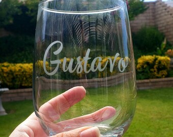 Custom Personalized 17oz Etched Wine Glass with a Modern Script