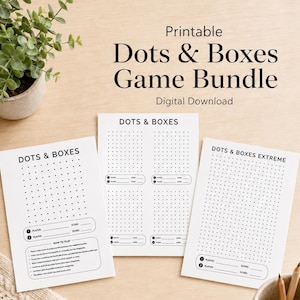 May include: Three white sheets of paper featuring a Dots & Boxes game with black grids, player score sections, and instructions. The text reads Printable Dots & Boxes Game Bundle, Digital Download, Dots & Boxes, and Dots & Boxes Extreme.