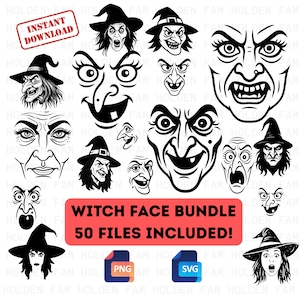 Peut inclure: Une collection d'illustrations de visages de sorcières en noir et blanc, chacune avec des expressions et des caractéristiques uniques. L'image comprend une bannière rouge avec le texte "Witch Face Bundle 50 Files Included!" et un tampon "Instant Download".